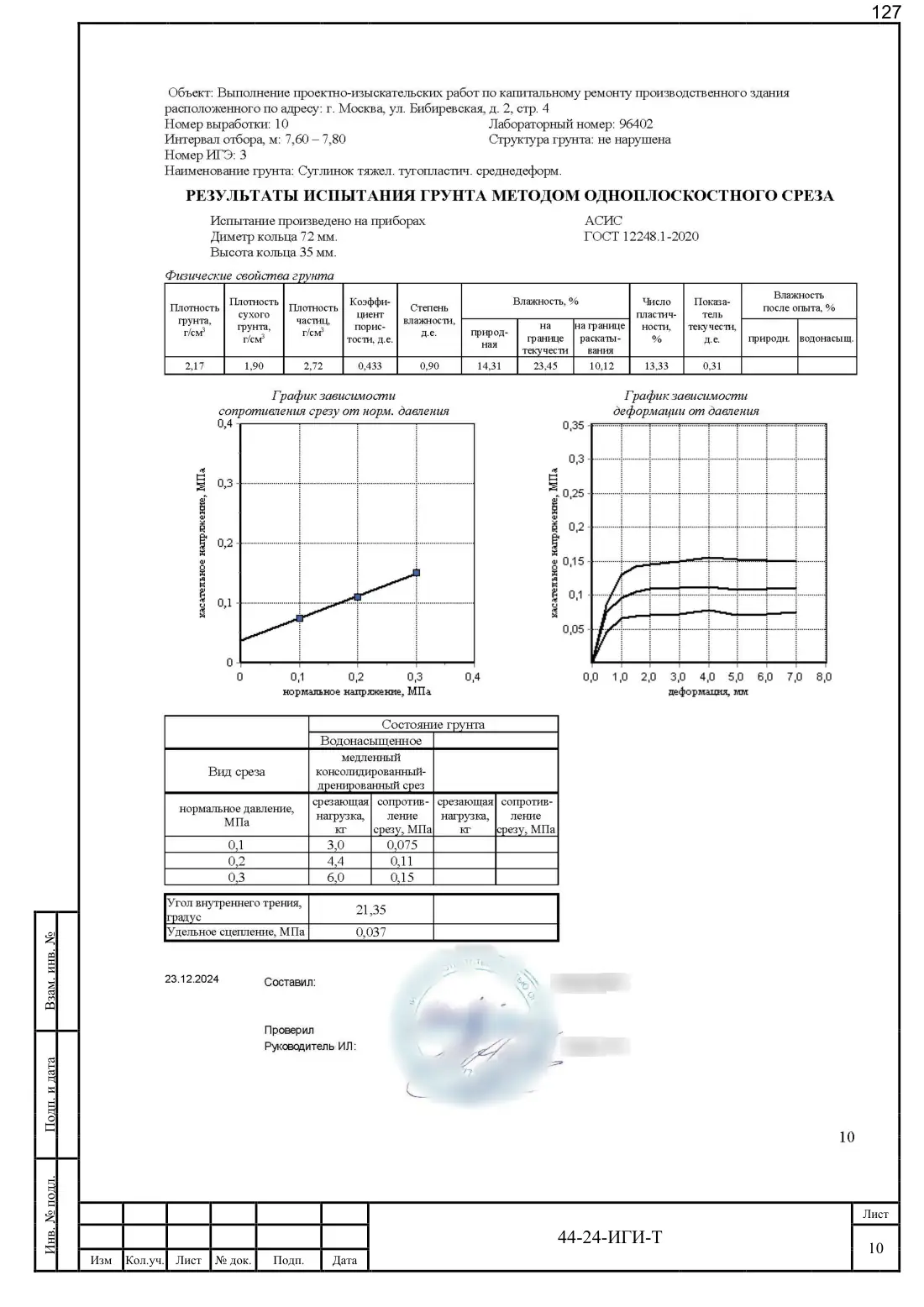Technical report 44-24-GT · building on Bibirevskaya St, 178 sheets, sheet 127