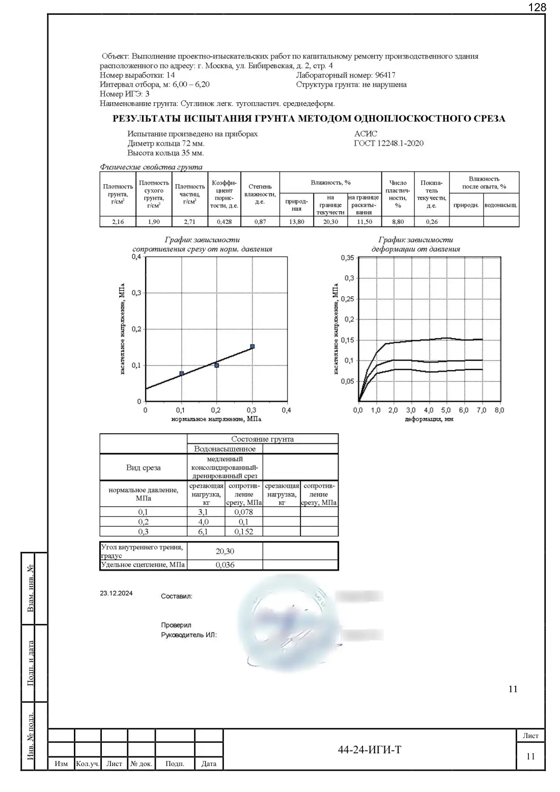 Technical report 44-24-GT · building on Bibirevskaya St, 178 sheets, sheet 128