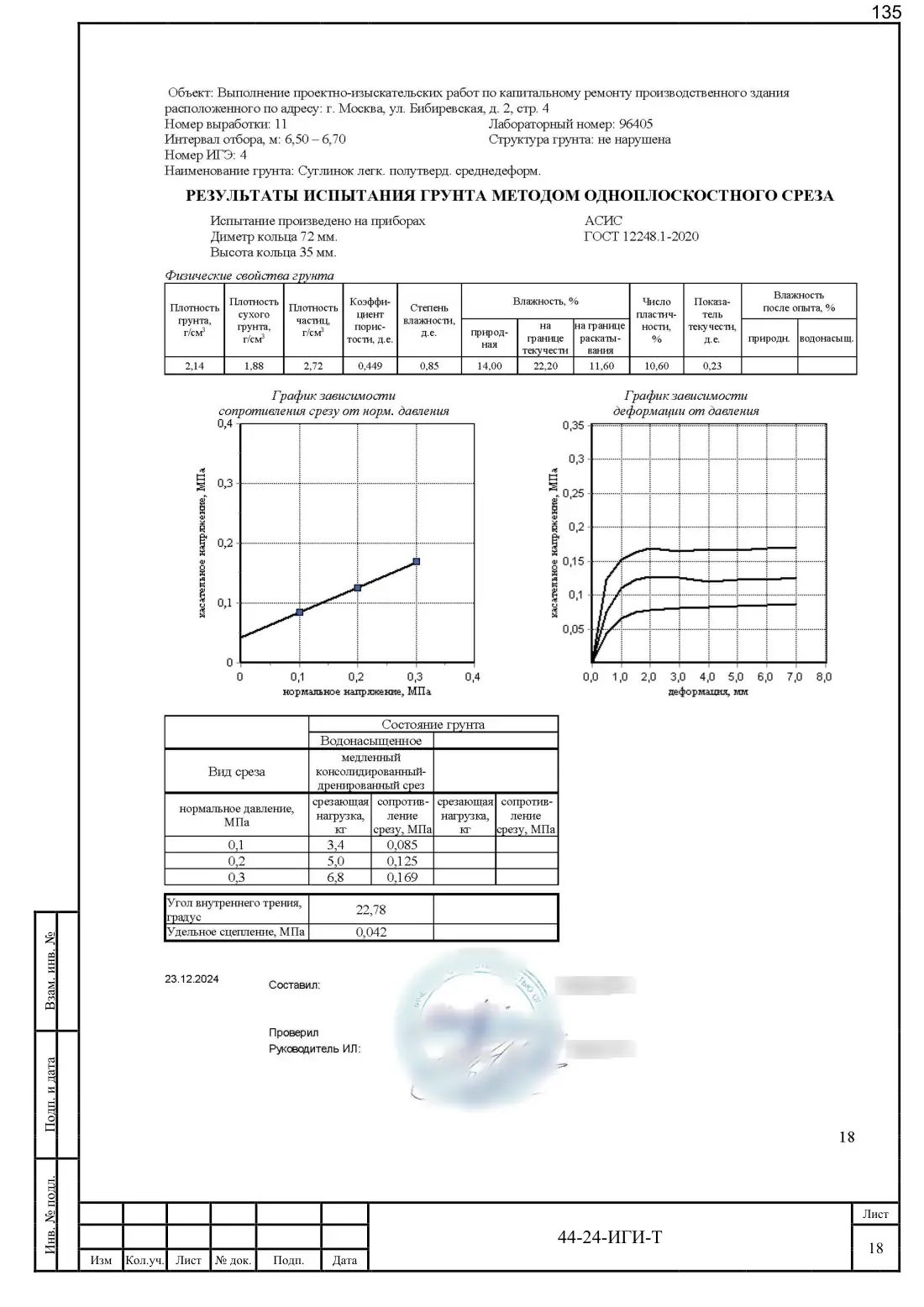 Technical report 44-24-GT · building on Bibirevskaya St, 178 sheets, sheet 135