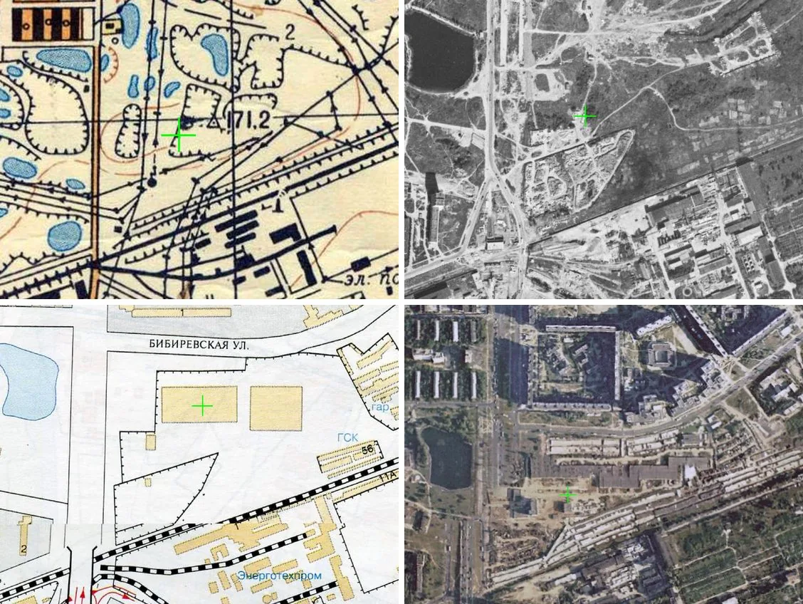 Archival topographic maps and satellite images of the Bibirevskaya Street site from various years: former ponds and marshes, progressive development