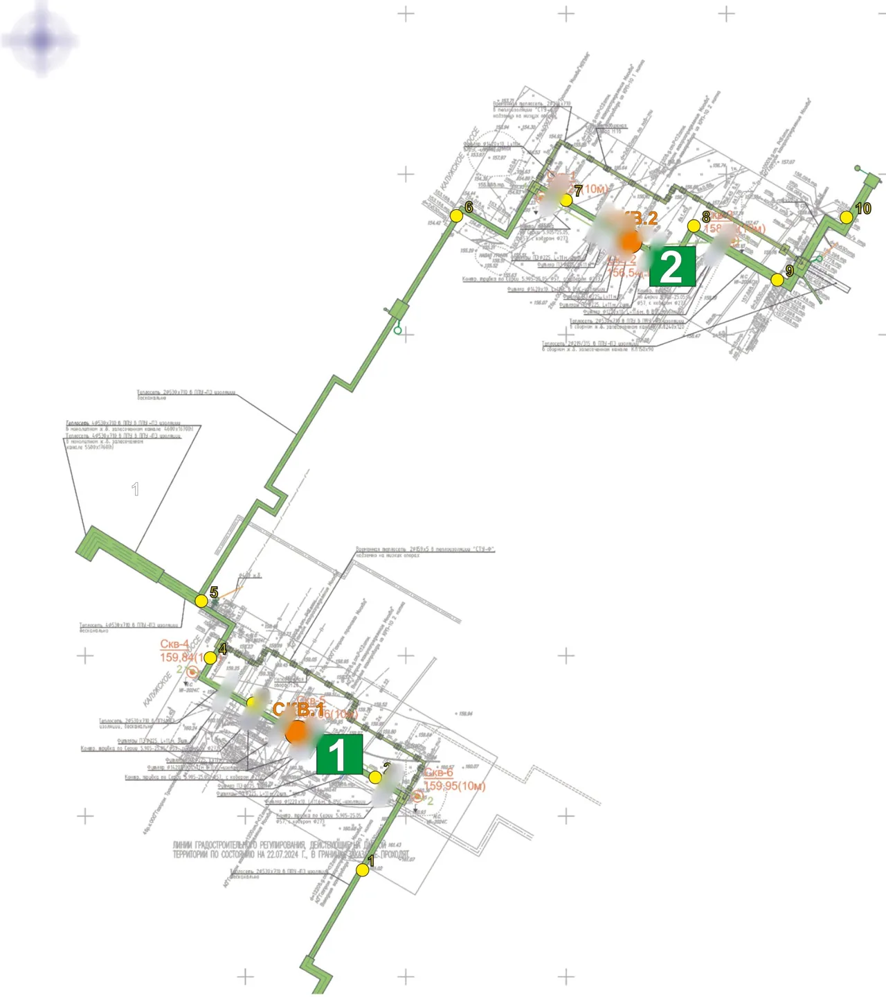 Schematic map of environmental conditions: trial plots and radiation measurement points along the gas pipeline routes