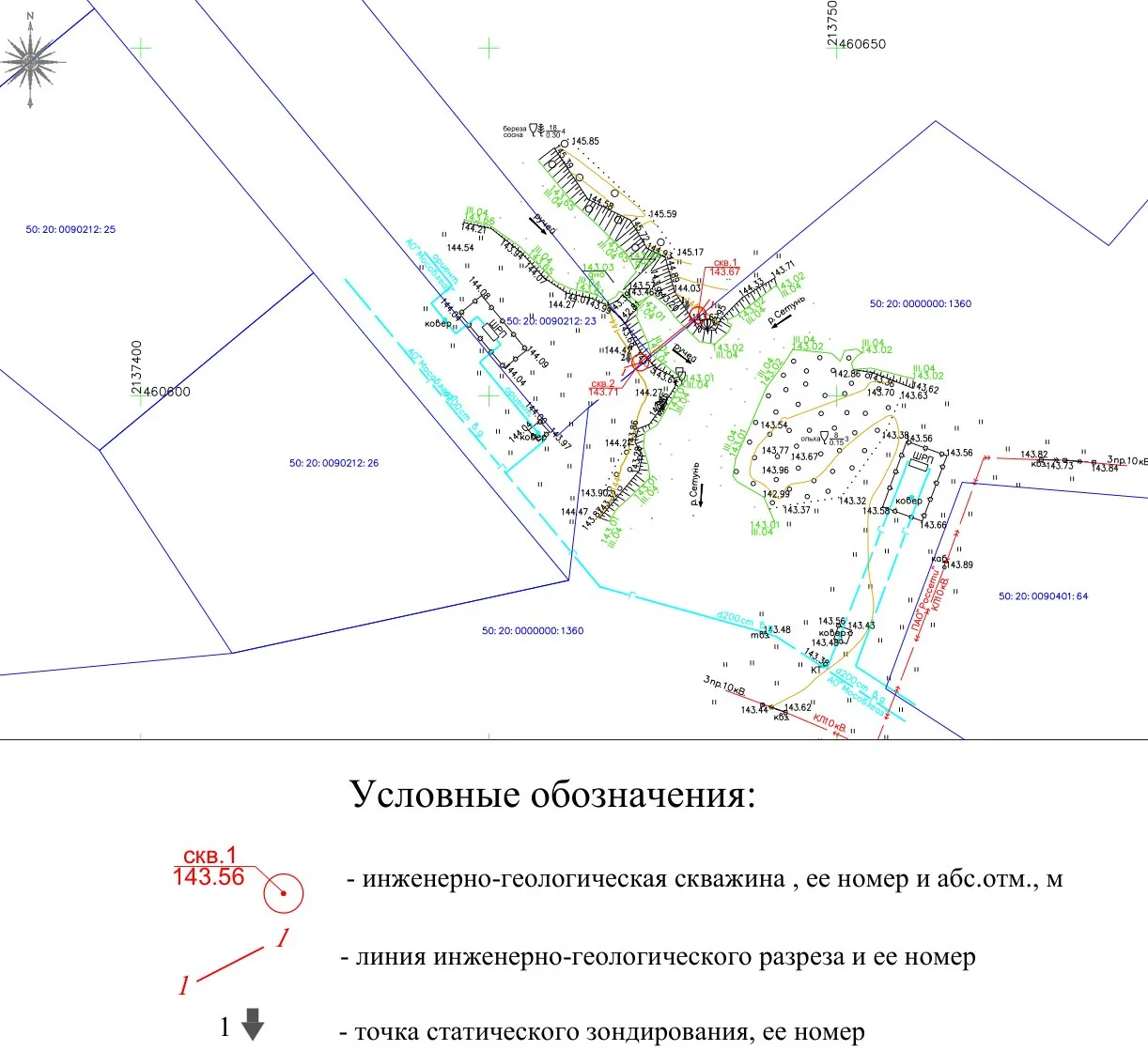 Factual material map: two boreholes and sounding points on the stream banks, cross-section line