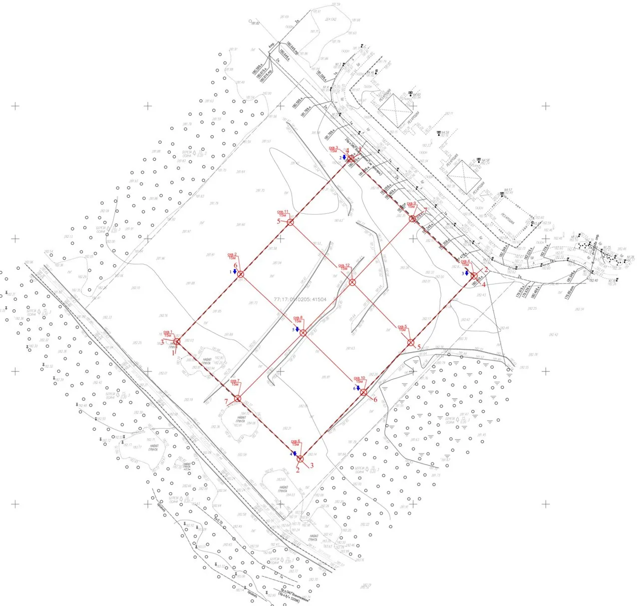 Factual material map: boreholes, sounding points, cross-section lines