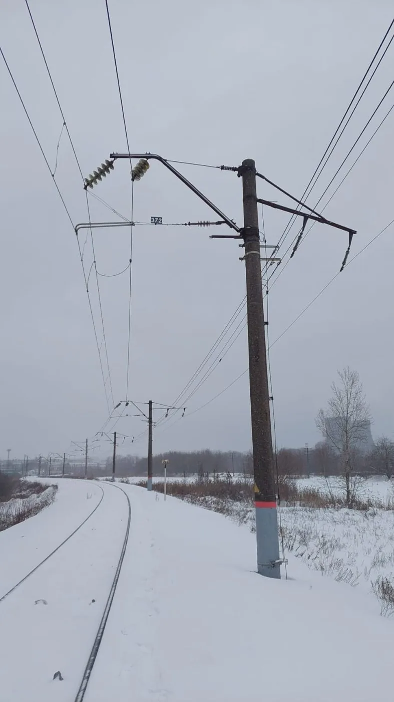 Railway overhead line stanchions at the route crossing
