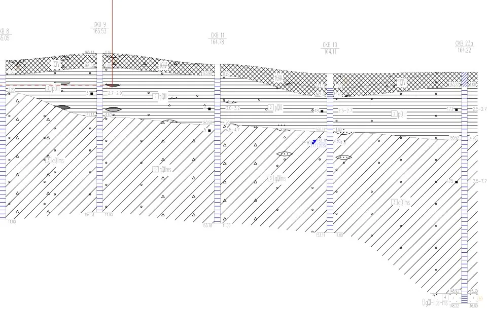 Geotechnical cross-section 6–6 across the main warehouse site: made ground, cover clays and moraine clay loams