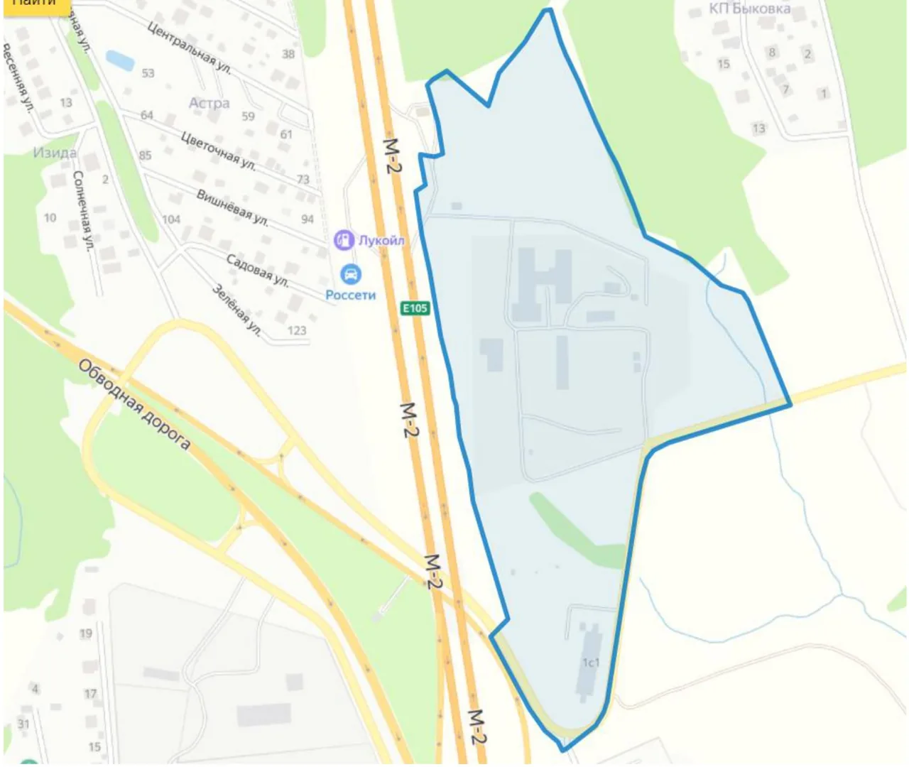 Site location map showing the topographic survey boundary (blue outline) near the M-2 Krym motorway in Podolsk