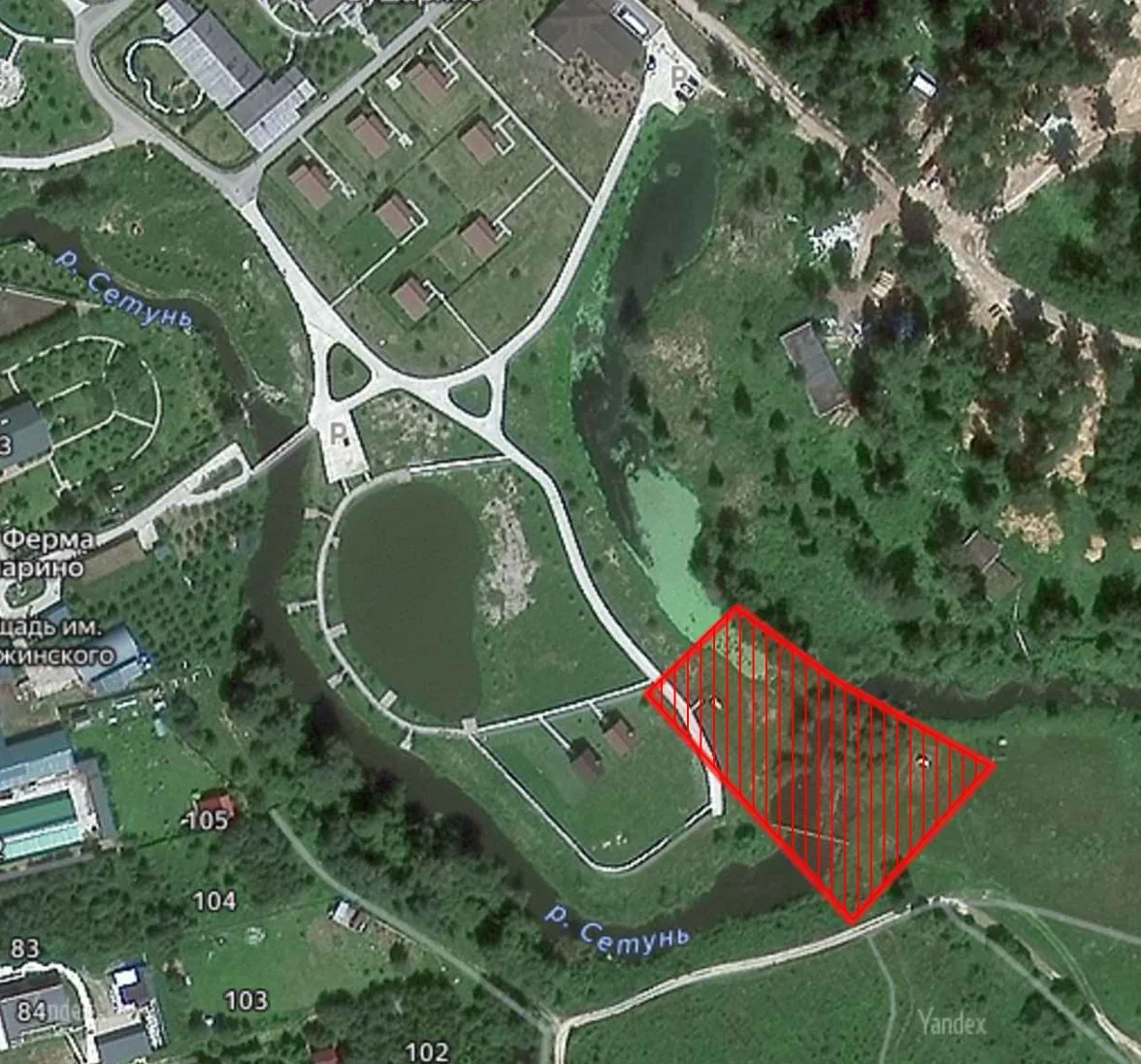 Survey site (red outline) in the Setun River floodplain at the confluence with the Meleyevsky Brook, near the Busharino estate